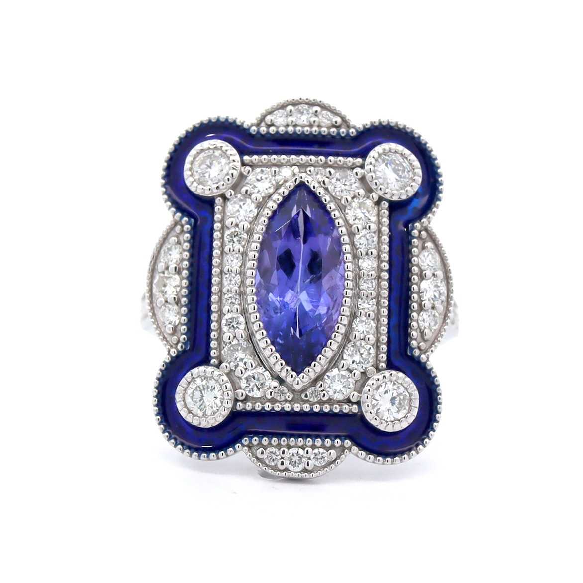 Lot 156 - A 14CT White Gold 1.46CT Tanzanite, Diamond & Enamel Ring