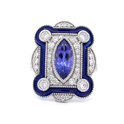 Lot 156 - A 14CT White Gold 1.46CT Tanzanite, Diamond & Enamel Ring