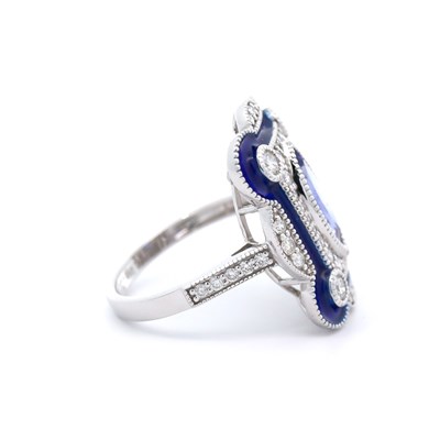Lot 156 - A 14CT White Gold 1.46CT Tanzanite, Diamond & Enamel Ring