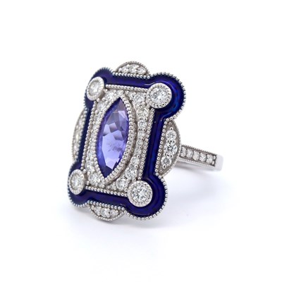 Lot 156 - A 14CT White Gold 1.46CT Tanzanite, Diamond & Enamel Ring