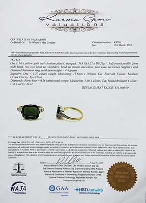 Lot 155 - 14CT Yellow Gold 4.27CT Green Sapphire & Diamond Ring