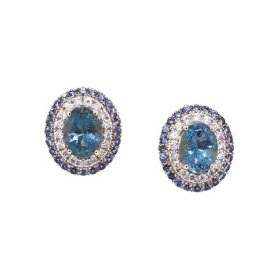 Lot 3 - 14CT Yellow Gold 2.48ct Aquamarine, Blue Sapphire And Diamond Stud Earrings