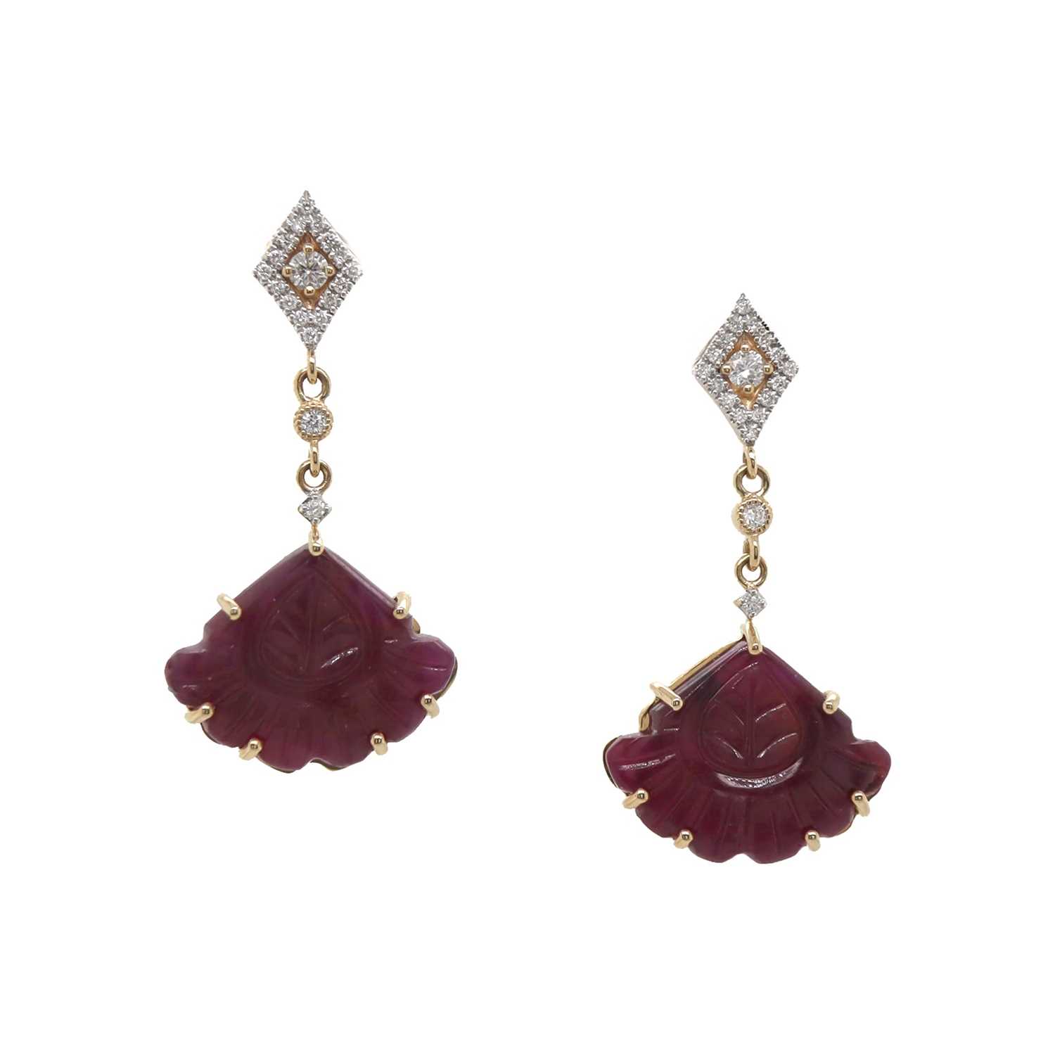 Lot 88 - 14CT Yellow Gold 14.79ct Carved Rubies And Diamond Drop Earrings