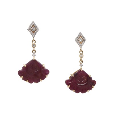 Lot 88 - 14CT Yellow Gold 14.79ct Carved Rubies And Diamond Drop Earrings