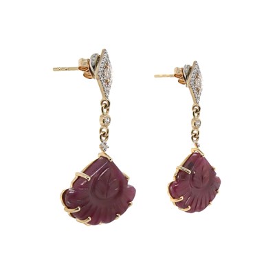 Lot 88 - 14CT Yellow Gold 14.79ct Carved Rubies And Diamond Drop Earrings