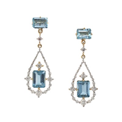 Lot 61 - 14CT Yellow Gold 4.09ct Santa Maria Aquamarine And Diamond Drop Earrings