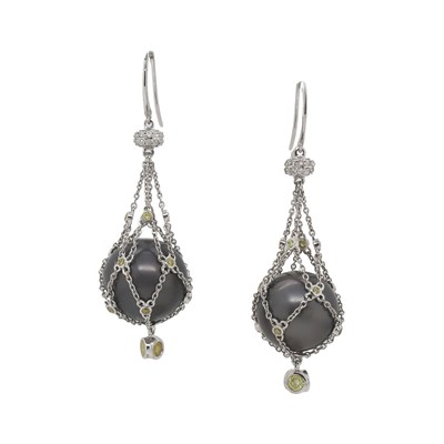 Lot 70 - 14CT White Gold Tahitian Pearl And Diamond Caged Drop Earrings