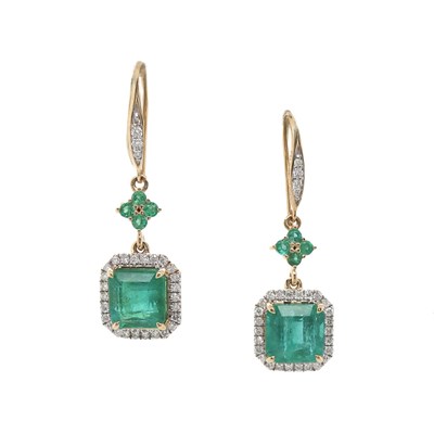 Lot 146 - 14CT Yellow Gold 4.56ct Emerald And Diamond Drop Earrings