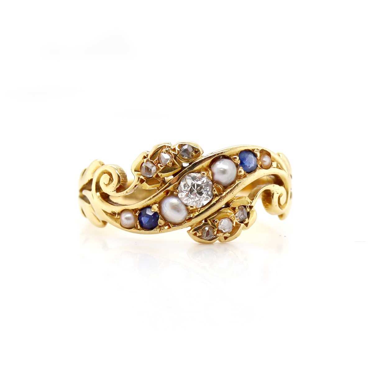 Lot 100 - 18ct Yellow Gold Sapphire & Seed Pearl Antique Ring