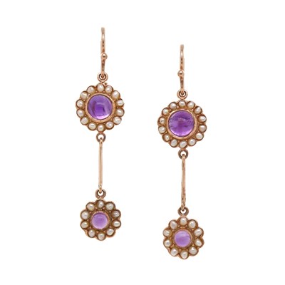 Lot 67 - 9CT yellow gold Amethyst and Seed Pearl earrings