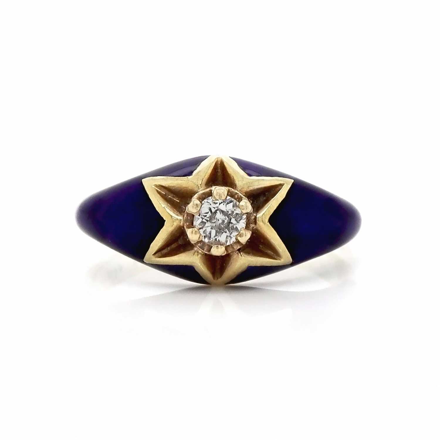 Lot 48 - 14CT Yellow Gold Antique Victorian Diamond Solitaire Blue Enamel Dress Ring