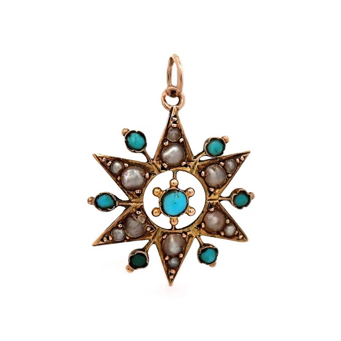 Lot 91 - 9CT Rose Gold Turquoise And Seed Pearl Star Pendant